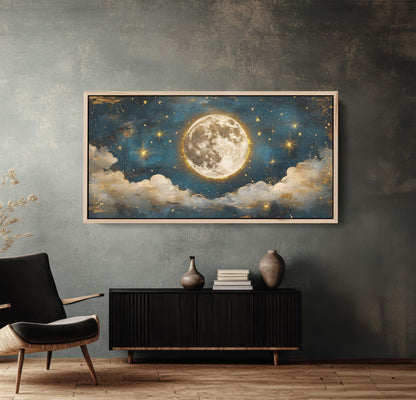 Cloudy Moon Sky, Moon Painting, Moon and Stars, Full Moon