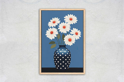 Flower Vase Painting, Contemporary Blue, White Floral Art, Framed Canvas, Large Art Print, Vertical Portrait, Indigo and White, Modern