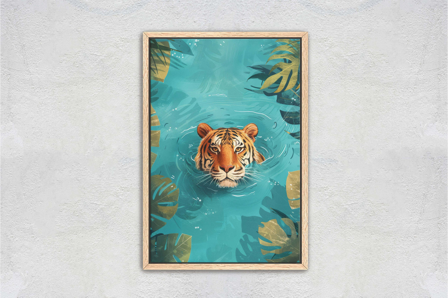 Tiger in Water, Big Cat Art, Framed Canvas, Large Art Print, Tropical Decor, Rainforest Print, Jungle Art