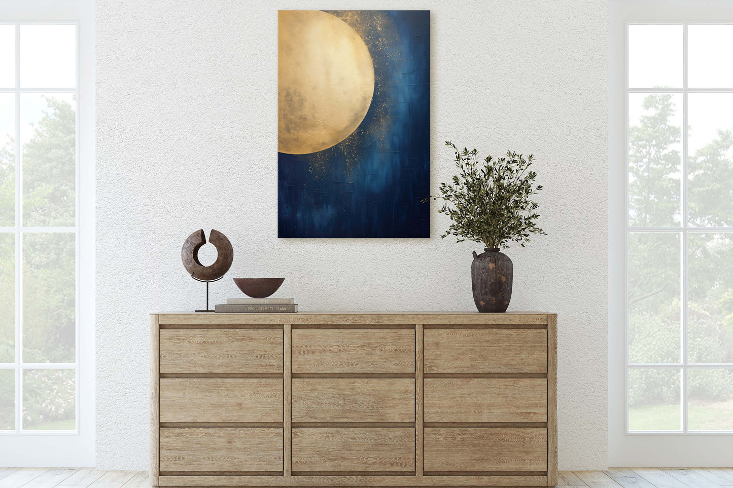 Gold Moon on Indigo, Moon Painting, Minimalist Art, Circle Indigo, Maximalist Art, Contemporary Decor, Celestial Art, Space Decor, Night Sky