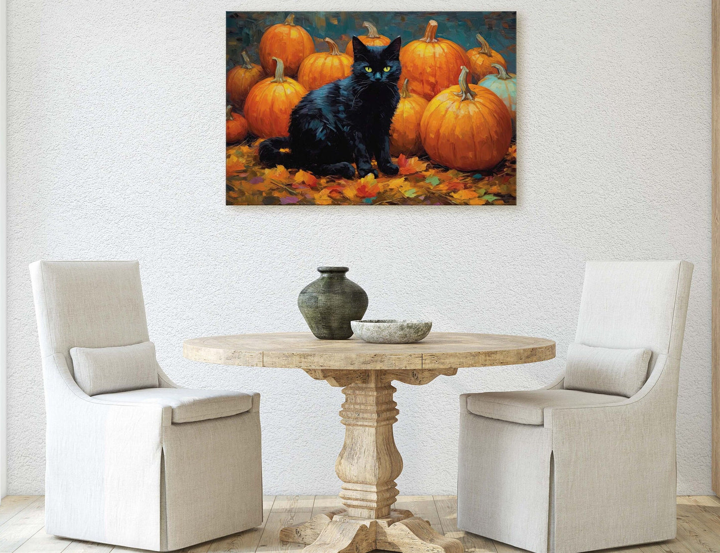 Black Cat Pumpkin Patch on Canvas, Halloween Decor, Fall Pumpkin, Framed Canvas,  Autumn Leaves, Pumpkin Leaf, Painting