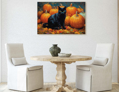 Black Cat Pumpkin Patch on Canvas, Halloween Decor, Fall Pumpkin, Framed Canvas,  Autumn Leaves, Pumpkin Leaf, Painting