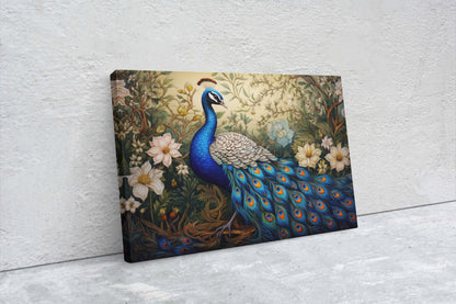 Peacock Painting, White Flowers, Oriental Decor, Traditional Decor, Framed Canvas, Bird Print
