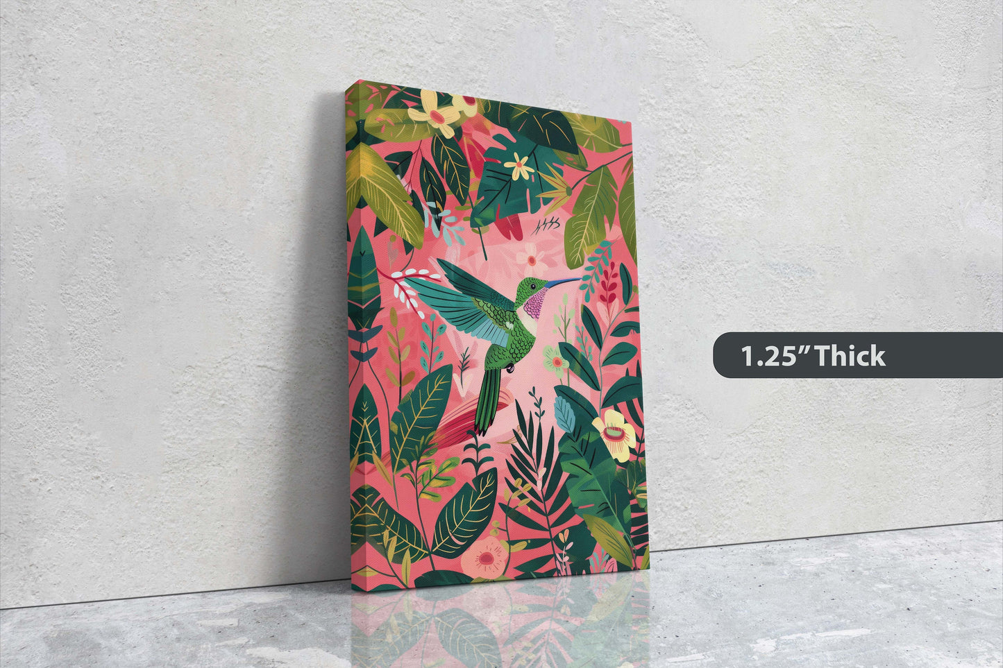 Hummingbird Pink, Framed Canvas, Tropical Art, Maximalist Jungle, Botanical Print, Bold Eclectic, Pink Art