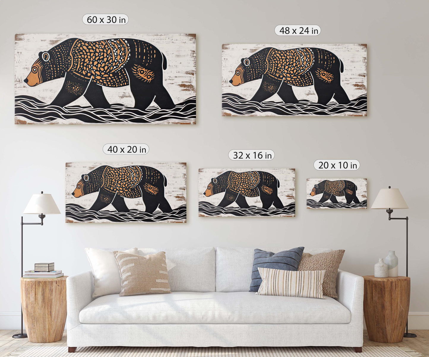 Bear Folk Art, Scandinavian Folk Art, Linocut Print, Wide Art, Large Art Print