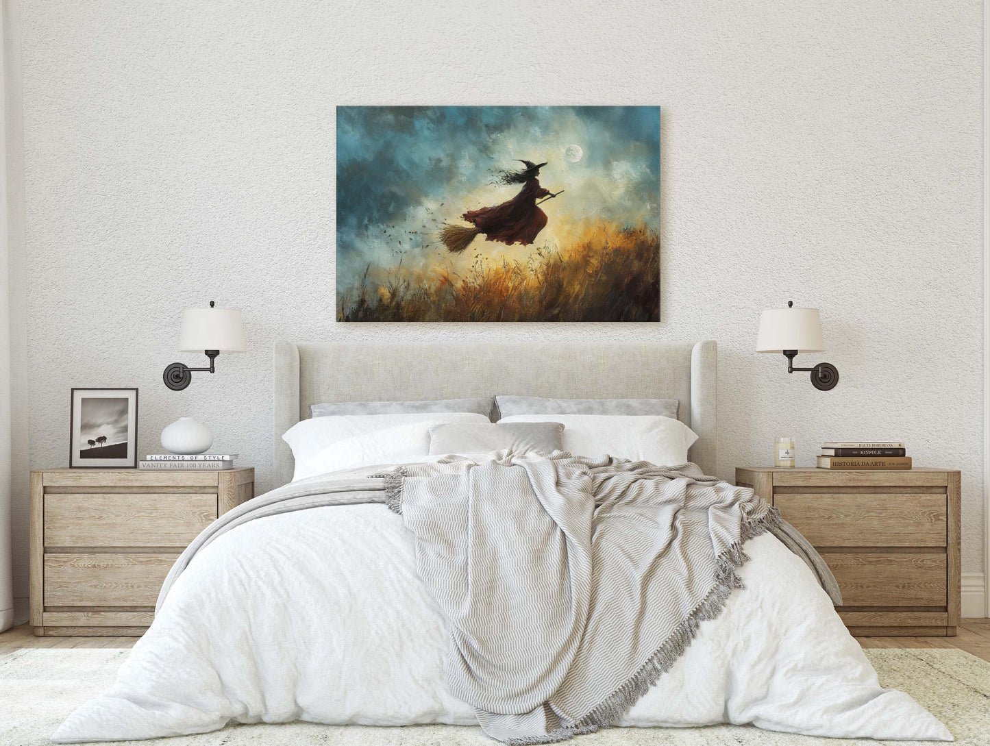 Flying Witch, Witch on Broomstick, Whimsical Decor, Full Moon,Halloween Art, Fall Harvest, Cloudy