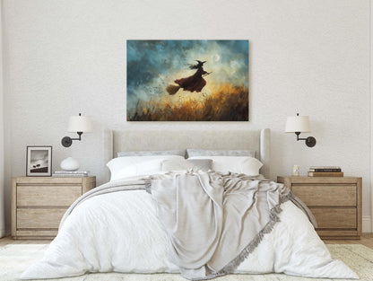 Flying Witch, Witch on Broomstick, Whimsical Decor, Full Moon,Halloween Art, Fall Harvest, Cloudy