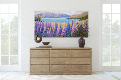 Lake Tekapo Painting, New Zealand Art, Wildflower Lake, Mountain Lake
