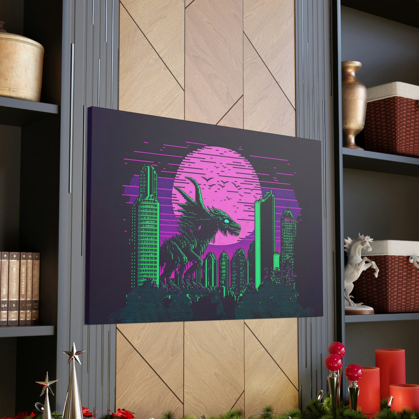 Alien Monster Destroying City Canvas Art Ready To Hang | Vapor wave | Outrun | Pixel | Man Cave