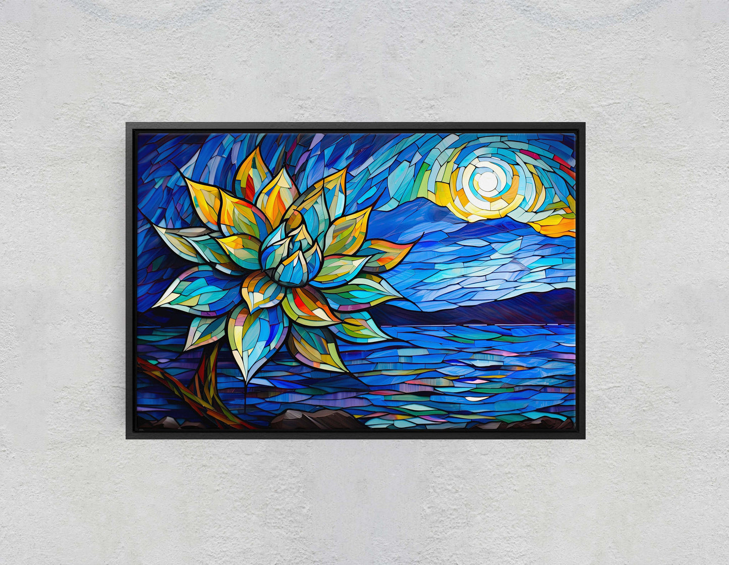 Agave Painting, Stained Glass, Mosaic Decor, Framed Canvas, Landscape Painting, Large Print