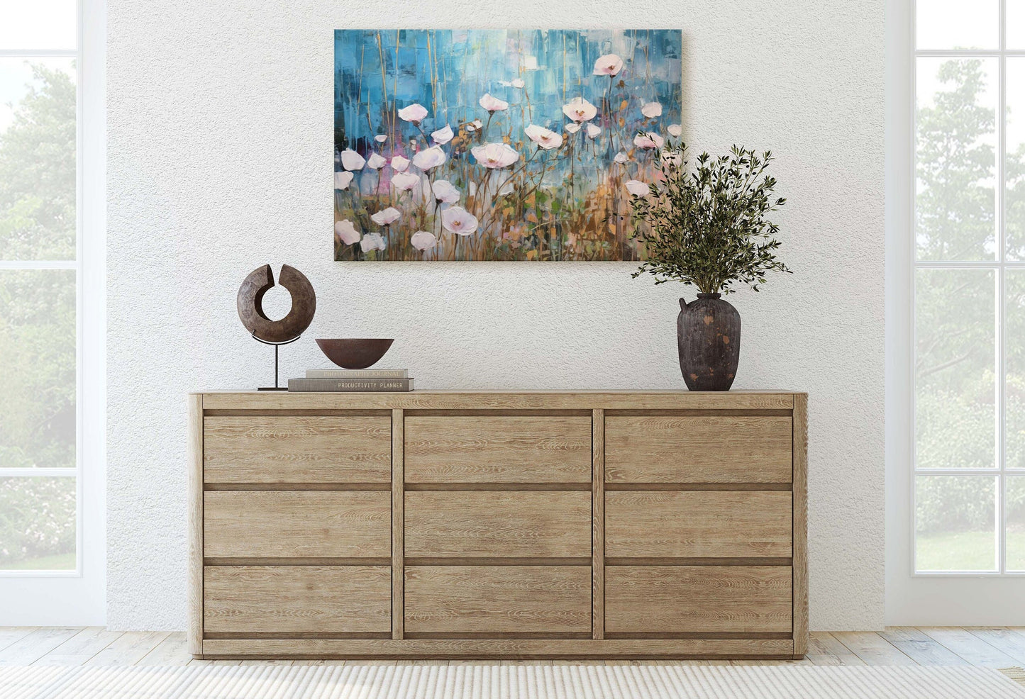 White Poppies on Canvas, Wildflower Print, Subtle Decor, Flower Art, Painting Print, Abstract Flowers, Impressionist Art, Large Print