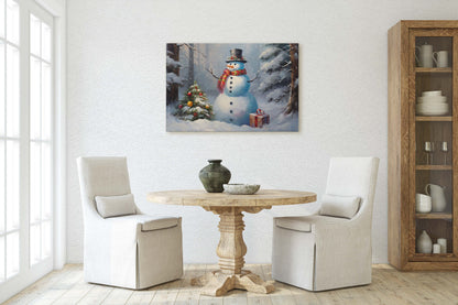 Snowman Present, Christmas Snowman, Snow Trees, Festive Decor, Holiday Art, Xmas Print, Framed Canvas, Large Print