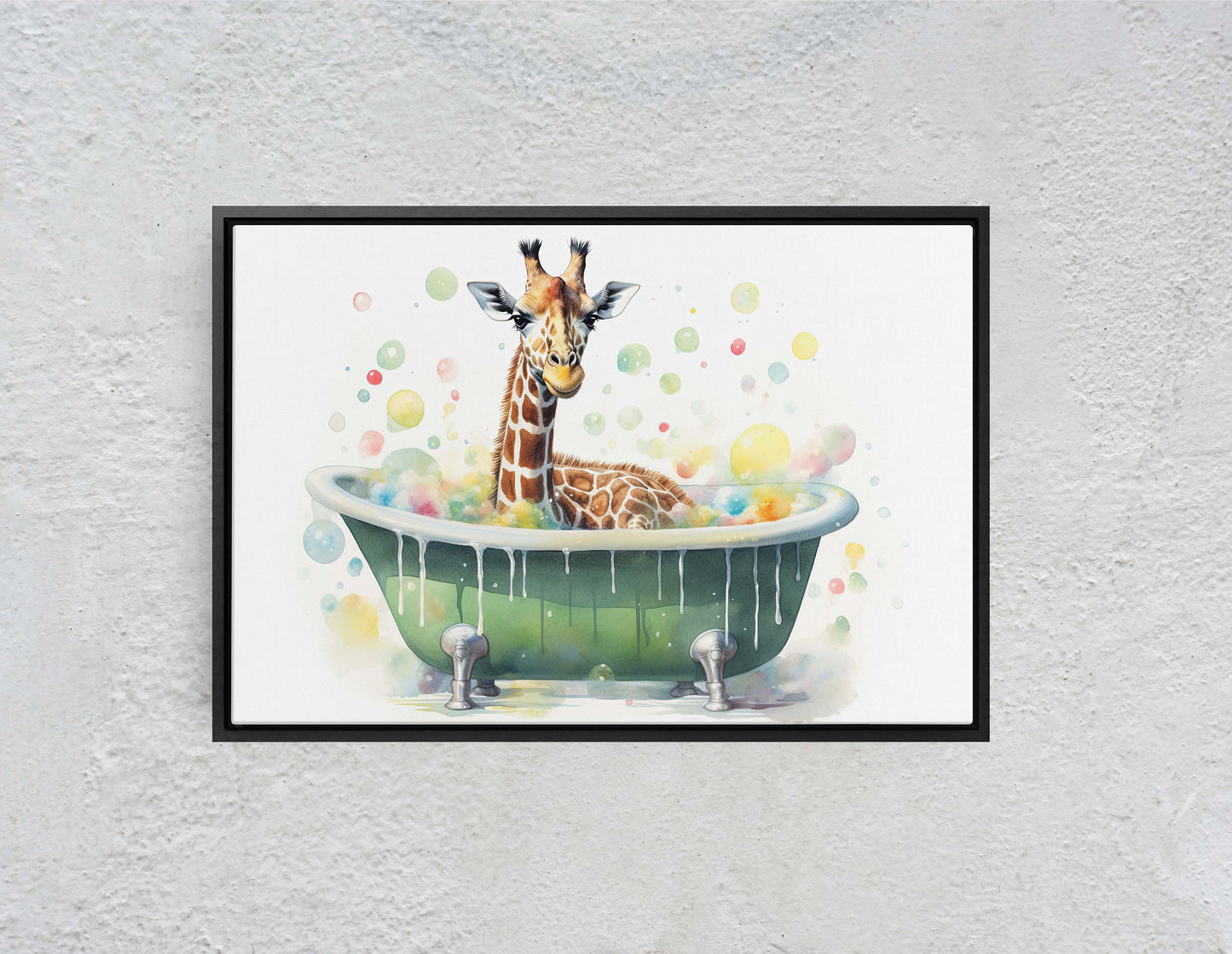 Giraffe Bath, Giraffe in Bathtub, Bathroom Decor, Kids Bath, Powder room, Fun Art, Cute Giraffe Elephant, Bath time Art, Silly Decor