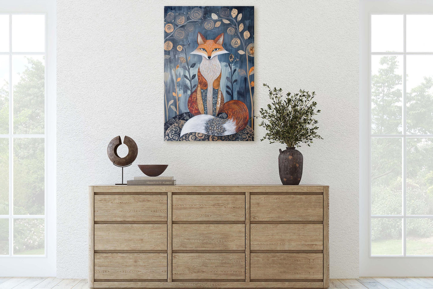 Scandinavian Fox, Folk Art, Celestial Art,  Framed Canvas, Dark Print, Nature Print, Whimsical