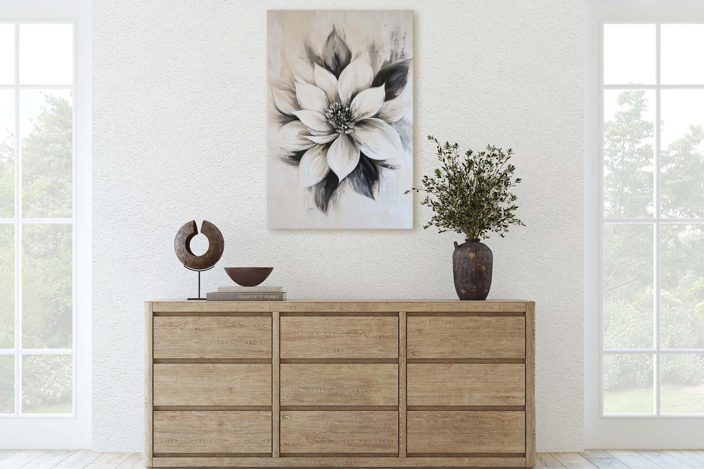 Black And White Flower, Flower Painting, Neutral Tones, Black White