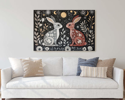 Rabbit Folk Art, Celestial Art, Bunny Art, Nature print, Canvas print
