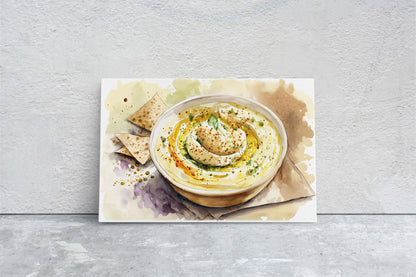 Hummus and Pita, chickpea, Ready To Hang, Large Print, Watercolor Painting, Dining Room, Kitchen Art, Restaurant Art, Mediterranean Food