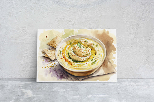 Hummus and Pita, chickpea, Ready To Hang, Large Print, Watercolor Painting, Dining Room, Kitchen Art, Restaurant Art, Mediterranean Food