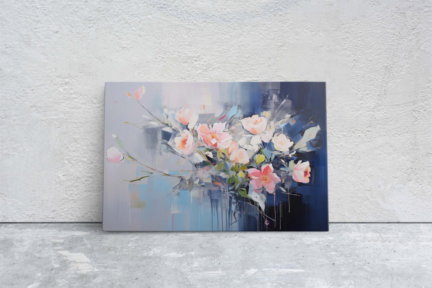 Abstract Floral Print, Flowers in Rain, Blue Canvas, Fine Art, Modern Artwork, Contemporary Print, Framed Canvas