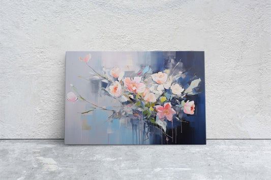 Abstract Floral Print, Flowers in Rain, Blue Canvas, Fine Art, Modern Artwork, Contemporary Print, Framed Canvas