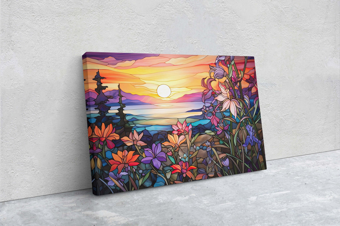 Stained Glass Painting, Faux Stained Glass, Sunset Flowers, Sunrise Field, Mountain Landscape, Framed Canvas, Vivid Colorful