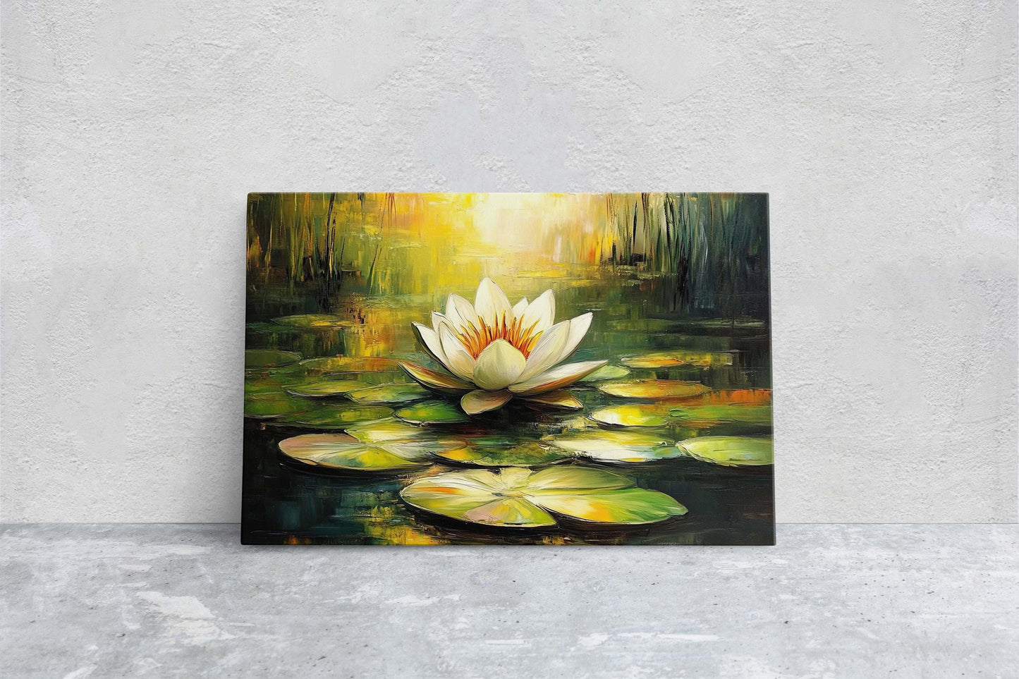 White Lotus Painting, Lily Pad Art, Green Lake, Nature Painting