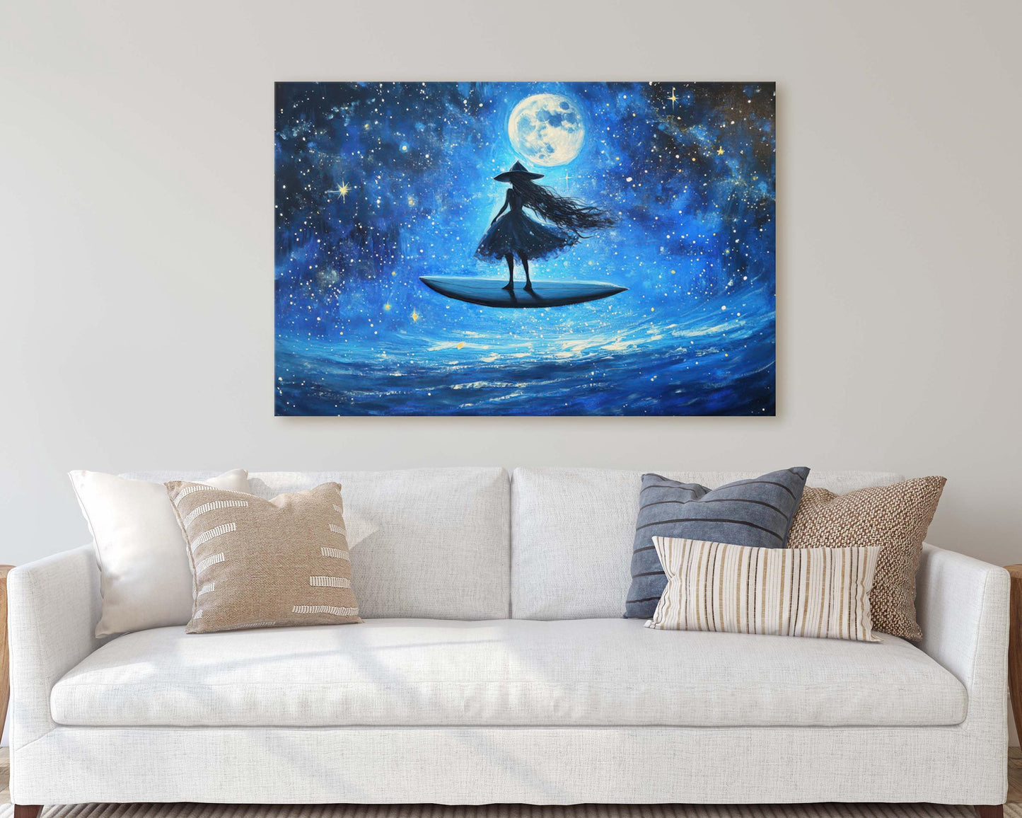 Surfing Witch, Flywing Witch, Halloween Art,  Full Moon, Blue Ocean, Whimsical Art, Fun Halloween, Whimsy