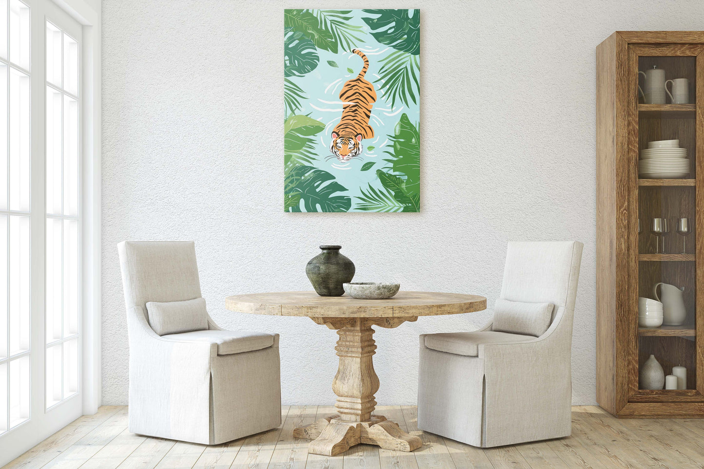 Tiger Swimming, Tropical Wall Art, Framed Canvas, Big Cat Art, Jungle Decor, Rainforest Art