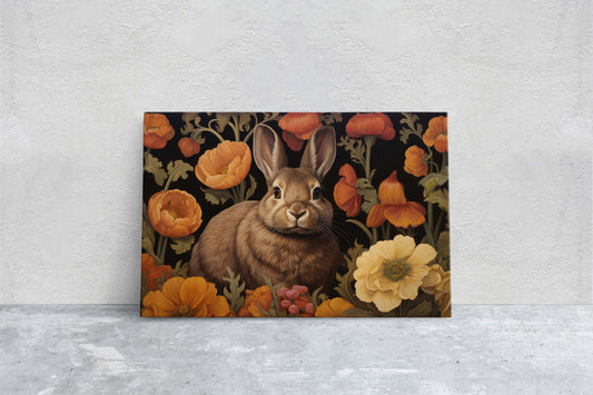 Rabbit and Flowers, Canvas Framed, Earth Tones, Floral Print, Large Painting, Neutral Colors, Bunny Decor, Traditional Decor, Animal Art