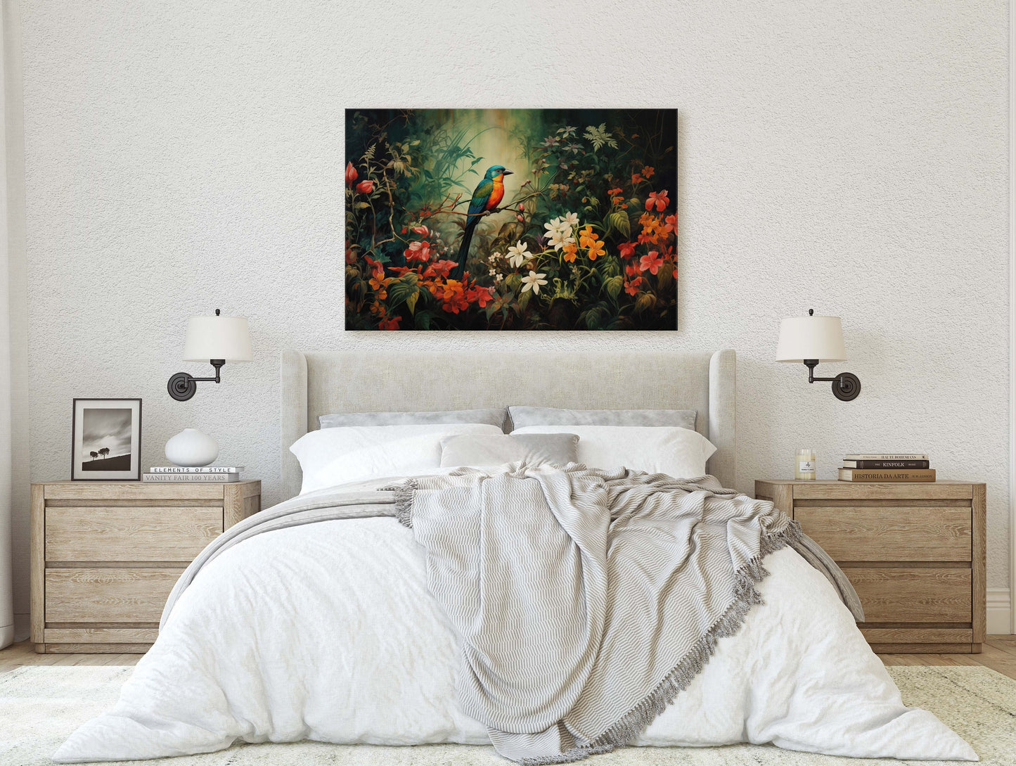 Jungle Bird Painting, Jungle Art, Green Jungle, Framed Canvas, Large Print, Beautiful Bird, Flower Jungle, Tropical Forest, Rainforest Art