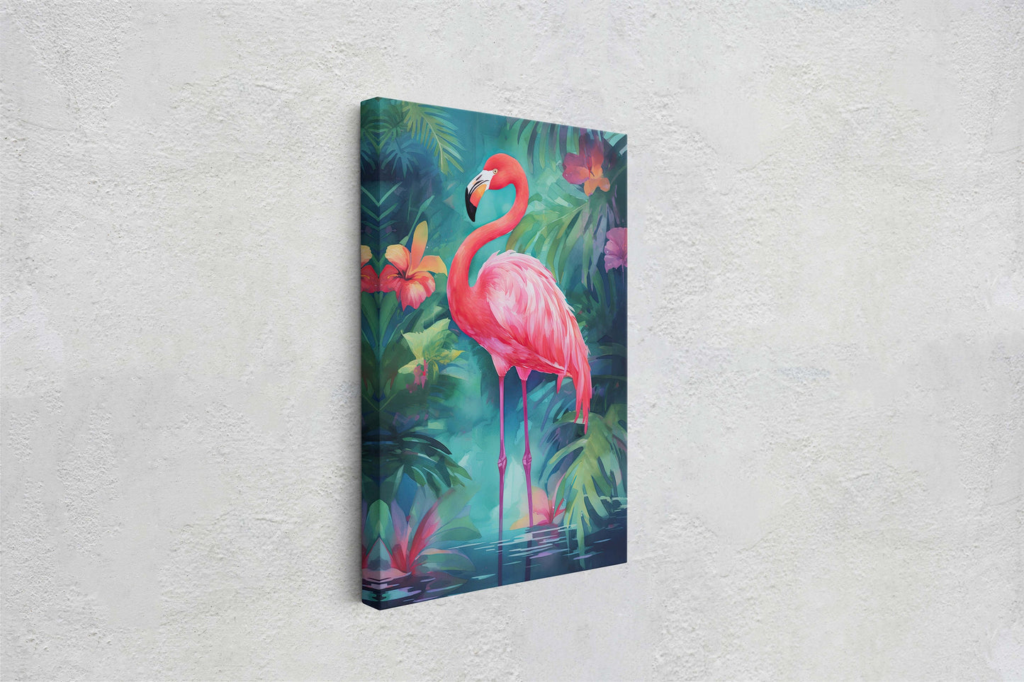 Flamingo on Canvas, Tropical Bird, Botanical Animal, Framed Canvas, Pink Green, Vertical Portrait, Exotic Bird