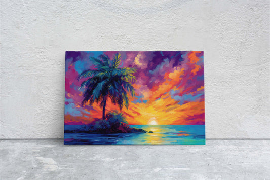 Vivid Palm Sunset on Canvas, Palm Tree Dusk, Evening Ocean View, Oceanside, Colorful Beach, Framed Canvas, Watercolor, Painting