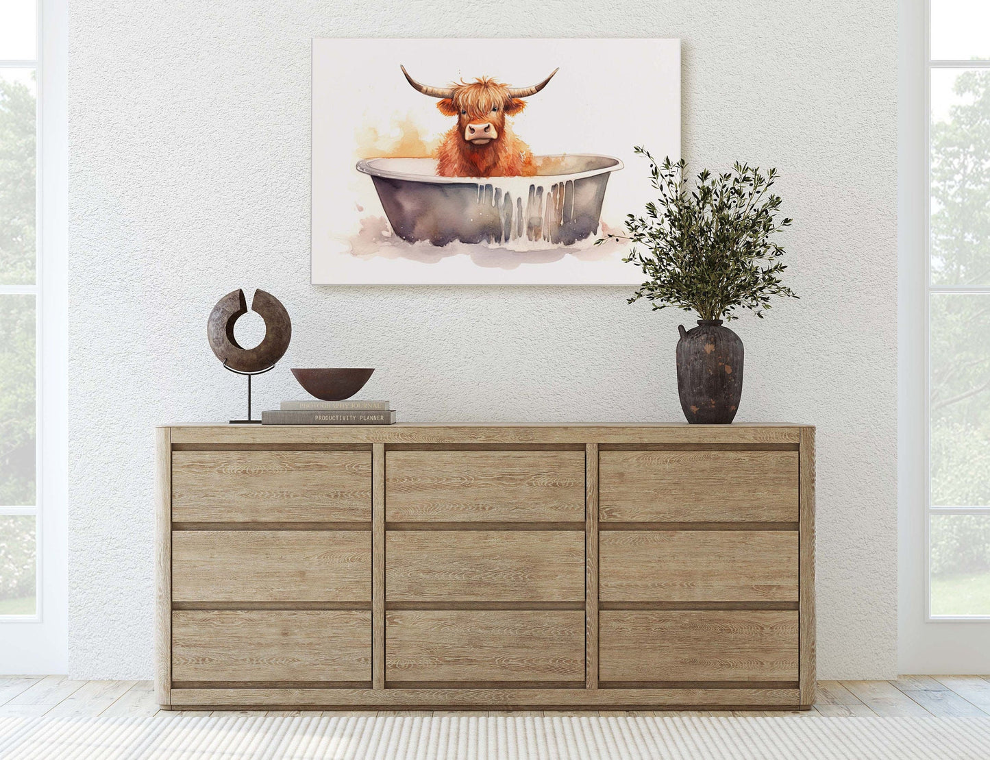Highland Cow on Canvas, Cow Bathtub, Bathroom Decor, Scottish Cow, Bovine Art, Powder Room, Barn Style, Fun Art, Farm Print, Oversized Art