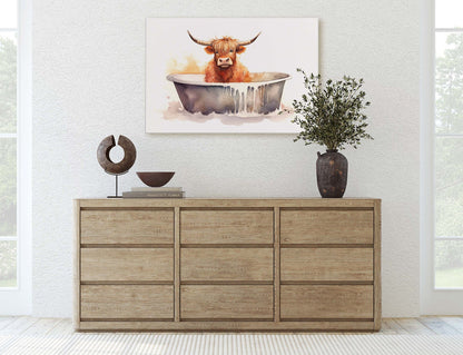 Highland Cow on Canvas, Cow Bathtub, Bathroom Decor, Scottish Cow, Bovine Art, Powder Room, Barn Style, Fun Art, Farm Print, Oversized Art