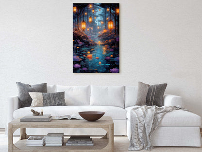 Enchanted Stream, Lamps Night Art, Lantern Forest, Vertical Canvas, Fantasy Decor, Office Art, River Art, Lily Stream, Floating Flower