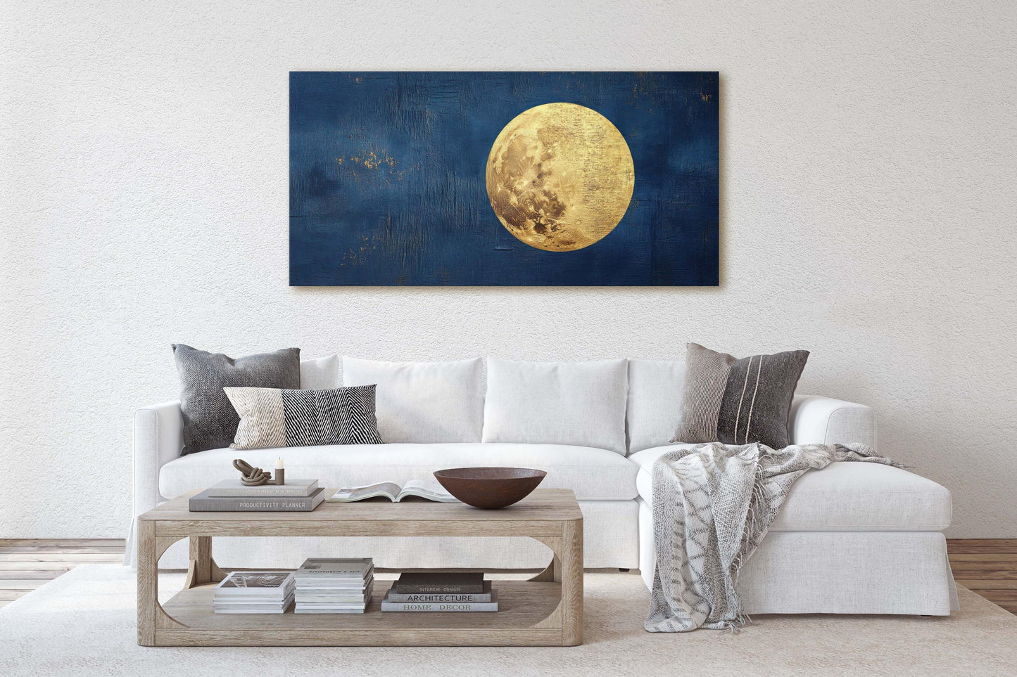 Indigo Gold Moon, Full moon art, Moon Landscape, Contemporary Art, Celestial Decor