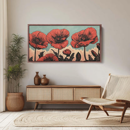 Red Poppies Art, Poppy Print, Linocut Print, Scandinavian Art