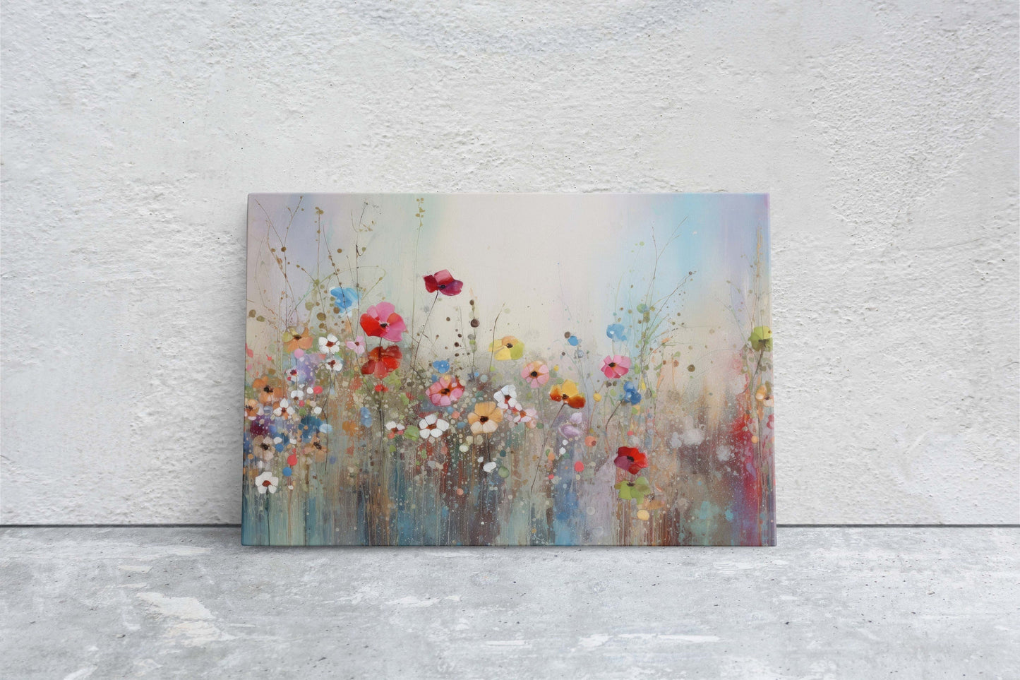 Wildflowers on Canvas, Flowers in Rain. Abstract Wall Art, Framed Canvas, Watercolor flowers,  Floral Print, Classic, Rustic Farmhouse
