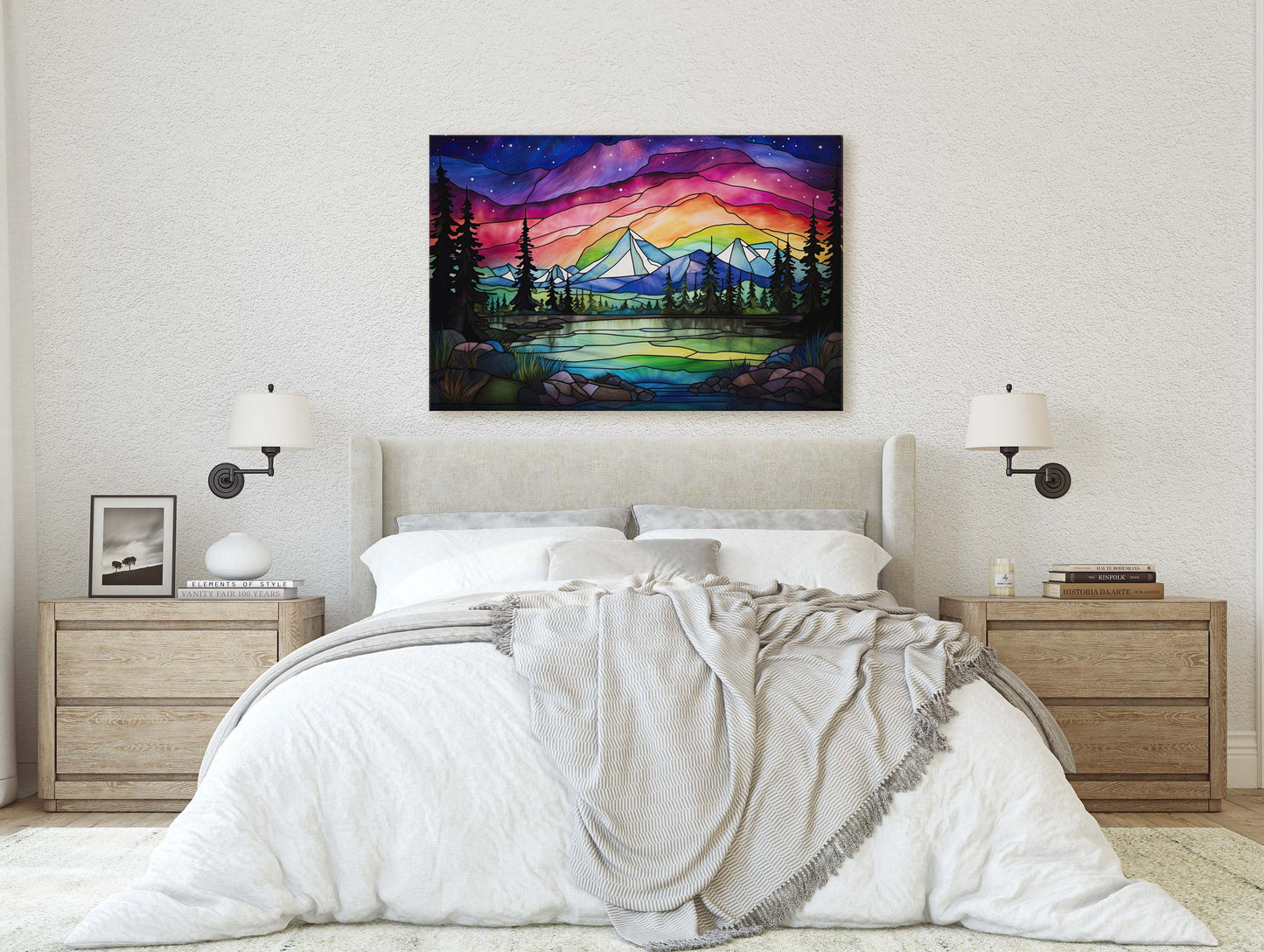 Aurora Borealis, Painting Night, Moon Mountains, Mountain Landscape, Framed Canvas, Cold Mountains, Snow Peaks