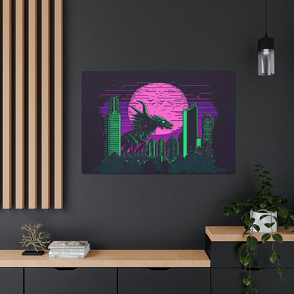 Alien Monster Destroying City Canvas Art Ready To Hang | Vapor wave | Outrun | Pixel | Man Cave