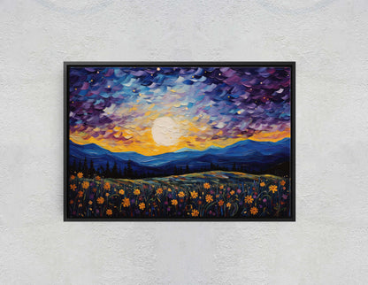 Flowers and Stars, Flower Field Painting, Blues Purples and orange, Moonlit Night, Sunset, Sunrise, Landscape Painting