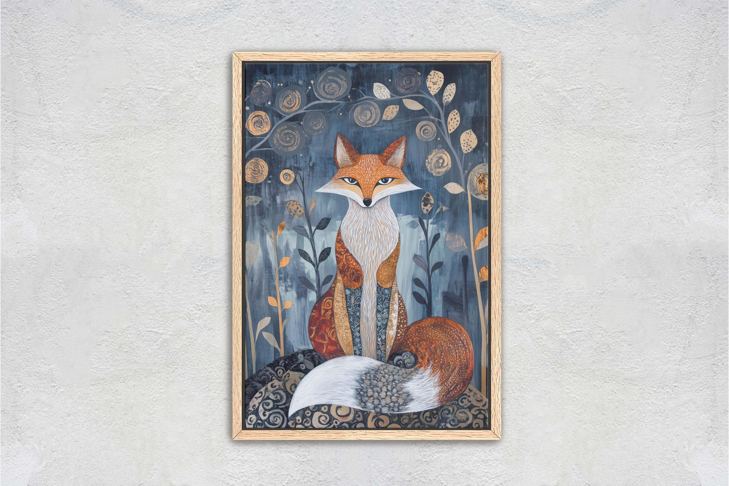 Scandinavian Fox, Folk Art, Celestial Art,  Framed Canvas, Dark Print, Nature Print, Whimsical