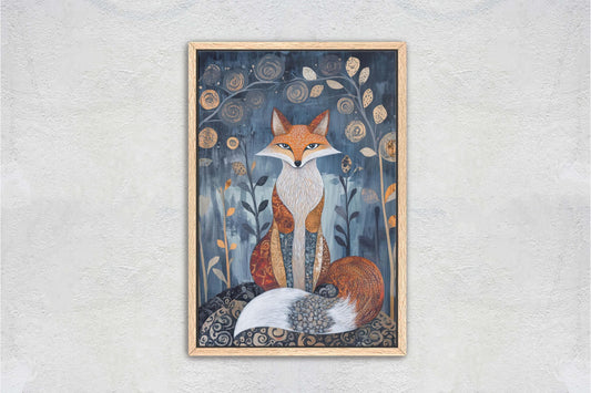 Scandinavian Fox, Folk Art, Celestial Art,  Framed Canvas, Dark Print, Nature Print, Whimsical