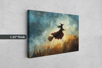 Flying Witch, Witch on Broomstick, Whimsical Decor, Full Moon,Halloween Art, Fall Harvest, Cloudy