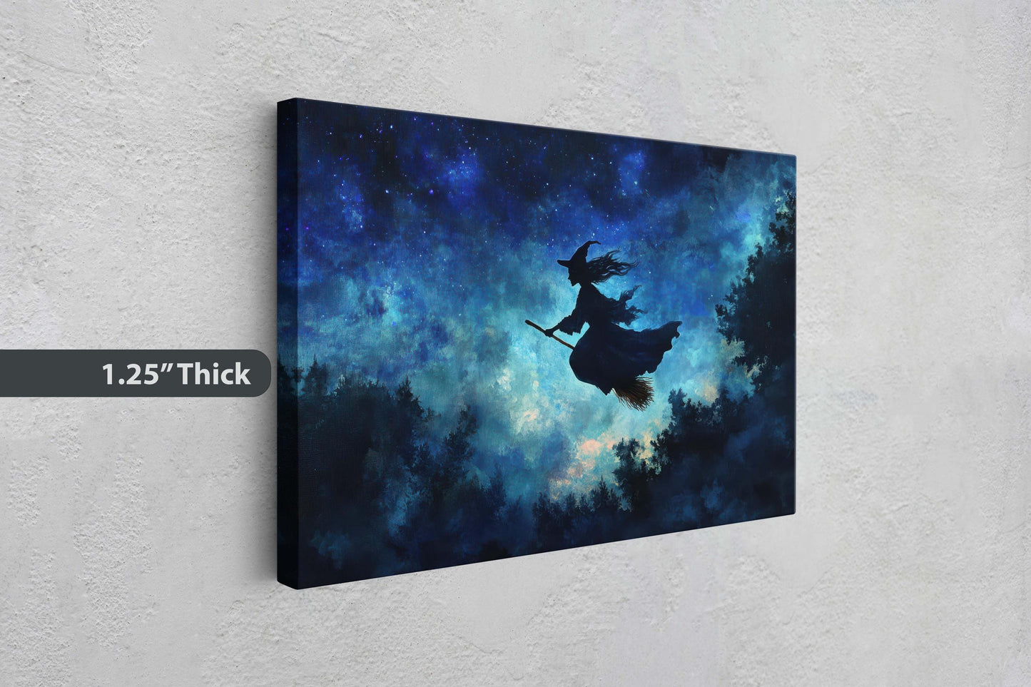 Flying Witch, Witch on Broomstick, Whimsical Decor, Halloween Art, Star Sky, Forest Night