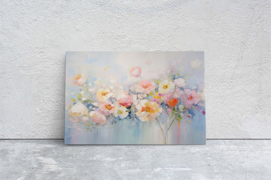 Abstract Floral Print, Flowers in Rain, Blue Canvas, Fine Art, Modern Artwork, Contemporary Print, Framed Canvas, Giclee