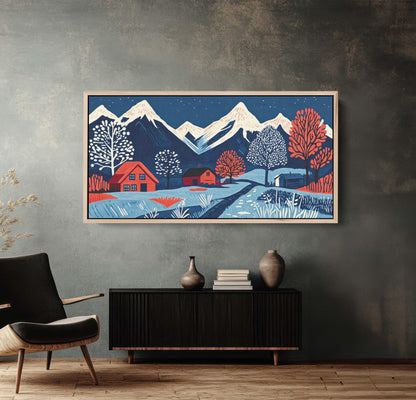 Scandinavian Village, Mountain Village, Mountain Town, Linocut Print