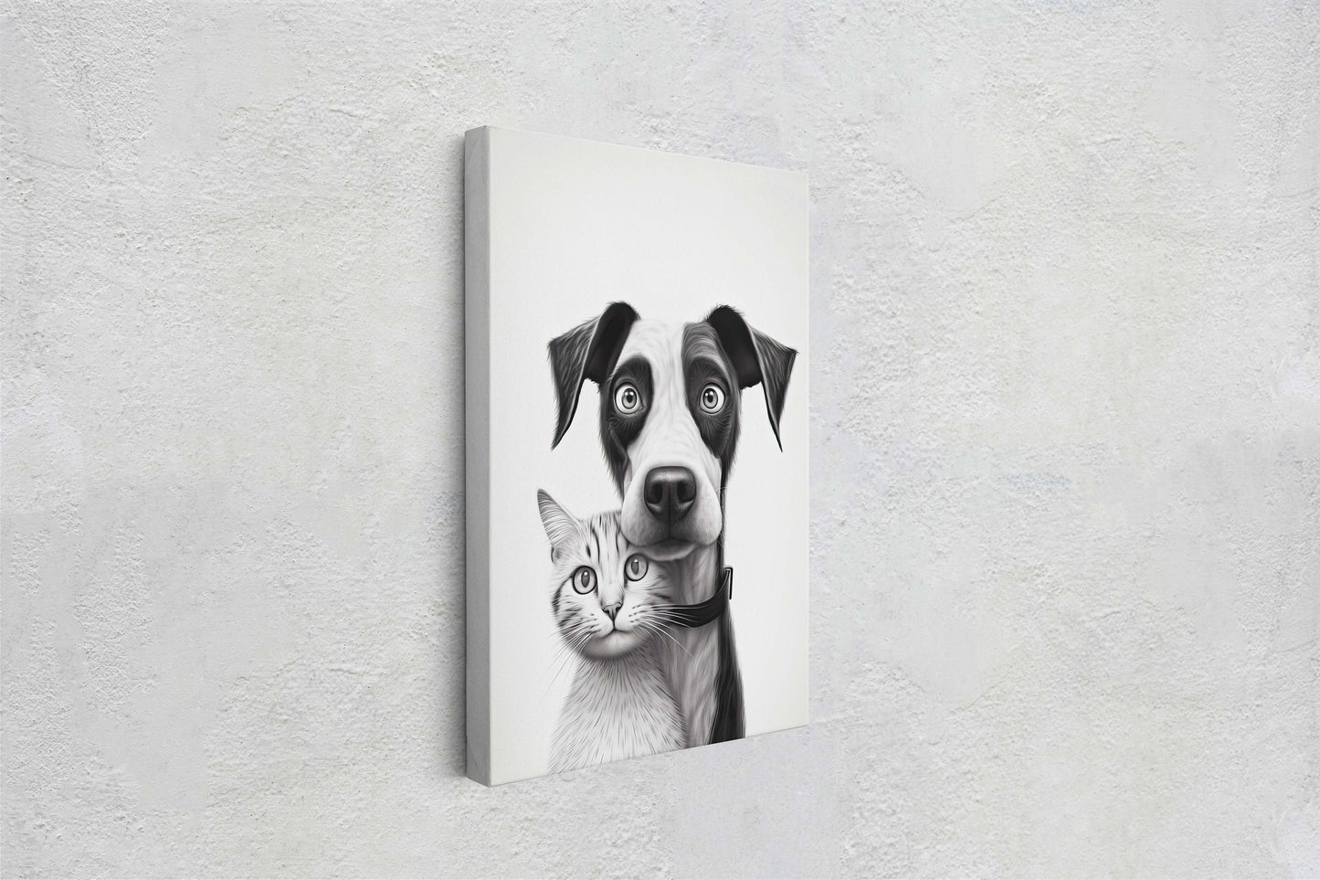 Black White Cat Dog, Loving Pets, Cute Animals, Minimalism, Animal Art, Kitten Decor, Puppy Art, Framed Canvas, Quirky Animal