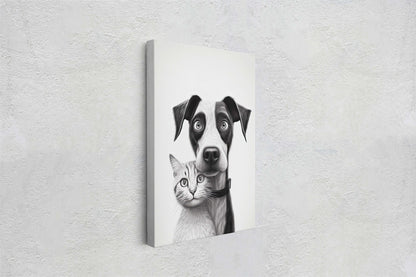 Black White Cat Dog, Loving Pets, Cute Animals, Minimalism, Animal Art, Kitten Decor, Puppy Art, Framed Canvas, Quirky Animal