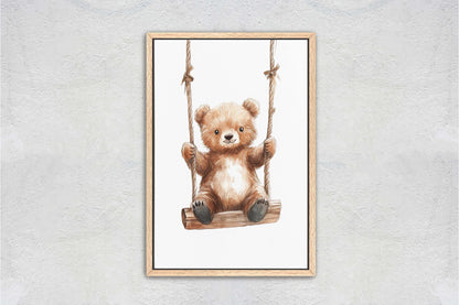 Cute Bear Swinging, Bear Art, Childrens Decor, Kids Art, Girls Room, Boys Room